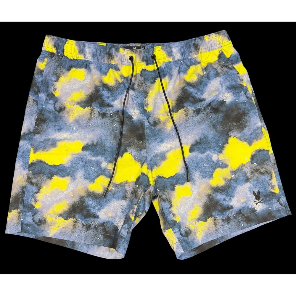 Psycho Bunny Mens Swim Shorts Trunks Bathing Suit Tie-dye Blue Yellow LARGE